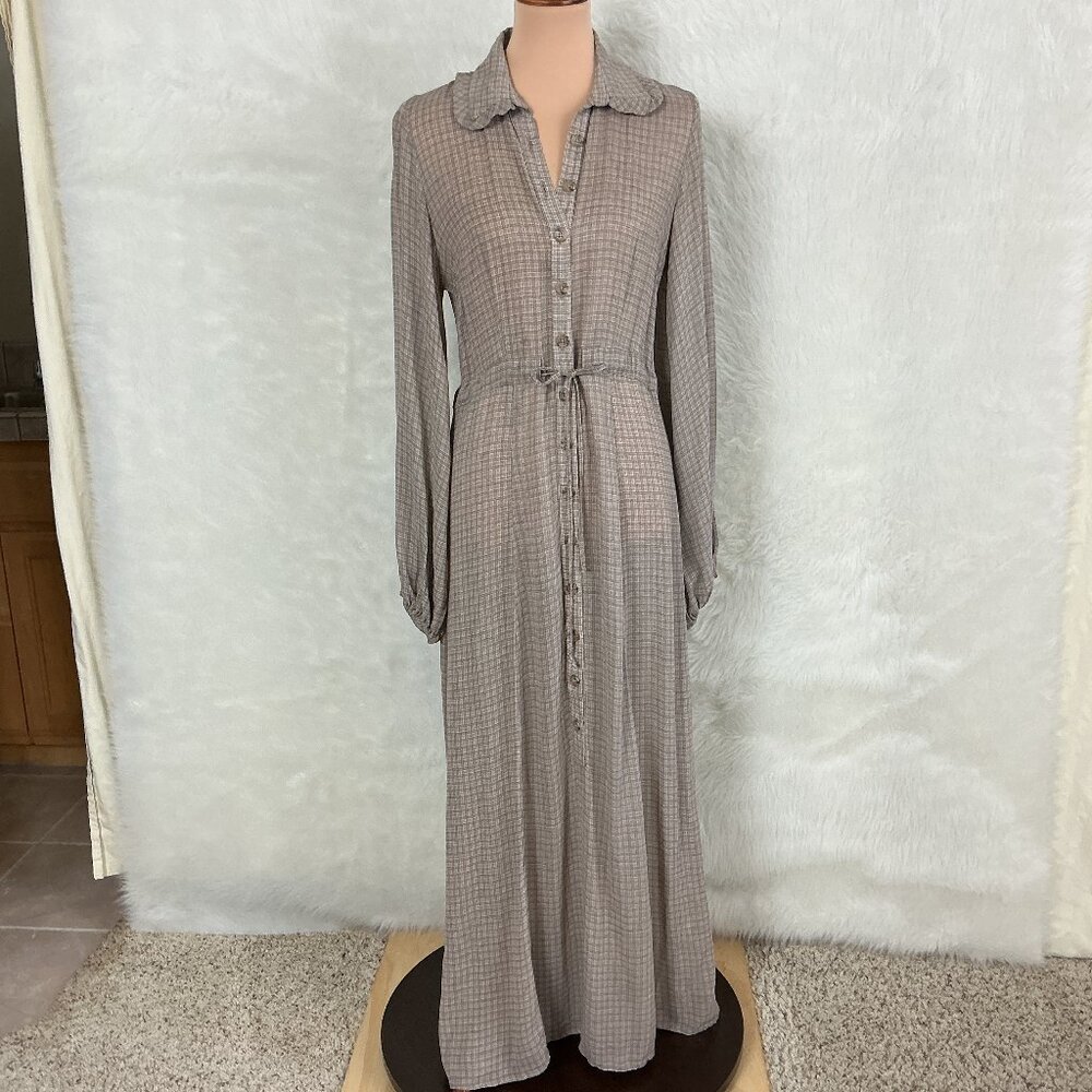 Christy Dawn Selma Tan Oak Plaid Check Ruffle Collared Button Front Maxi Dress S